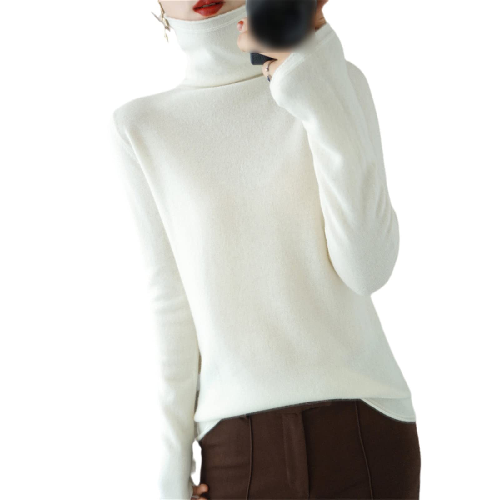 Kelsiop Pull 100 % laine pour femme col roulé pull cachemire décontracté manches longues tricot haut automne hiver manteau, blanc, M