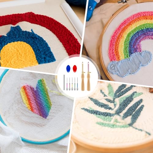 Image of 10 Pcs Punch Needle Kit Adjustable Punch Needle Tool Punch Stitching Kit Punch Needle with Wooden Handles Stitch Embroidery Needle Set Punch Needle Kits for Adults Beginner