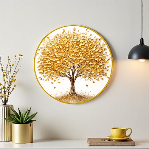 Image of Golden Tree of Life Round Wall Art Painting With Frame For Living Room | Vastu-Inspired Prosperity Decor Framed Painting | Elegant Round Wall Hanging for Home, Office & Gifting, 12 Inch