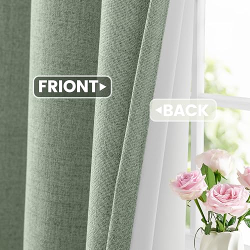 Image of COSVIYA Sage Green Linen Curtains 100% Blackout Grommet Drapes 90 Inches | Light Blocking Full Room Darkening Thermal Insulated Curtains for Living Room /Bedroom with Liner, 2 Panels, 52x90 inches