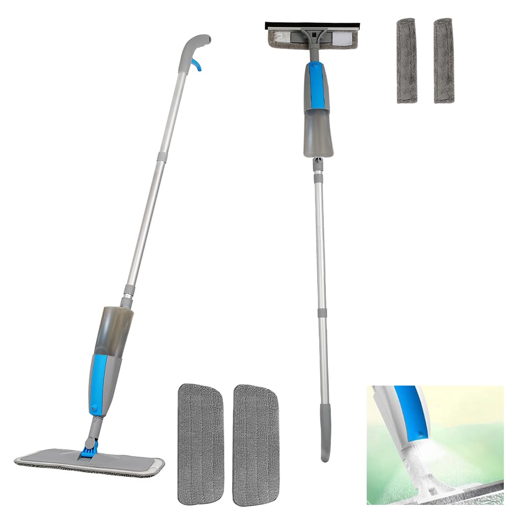 AzzmaAii Spray Mop for Floor Cleaning Spray Window Squeegee Cleaning Tool Set 3-in-1 Glass Washer 410ml Large Water Capacity Shower Squeegee with Extension Pole Indoor Outdoor High Window Glass Mirror