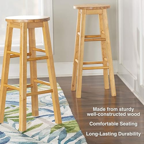 PJ Wood - Butacos de Madera Redondos de 29 pulgadas - Set de 2 piezas en color Natural | Asientos para mostrador, diámetro del asiento de 13 pulgadas, capacidad de 225 lb, diseño sin respaldo, base en forma de A, 8 reposapiés, requiere ensamblaje miniatura 4
