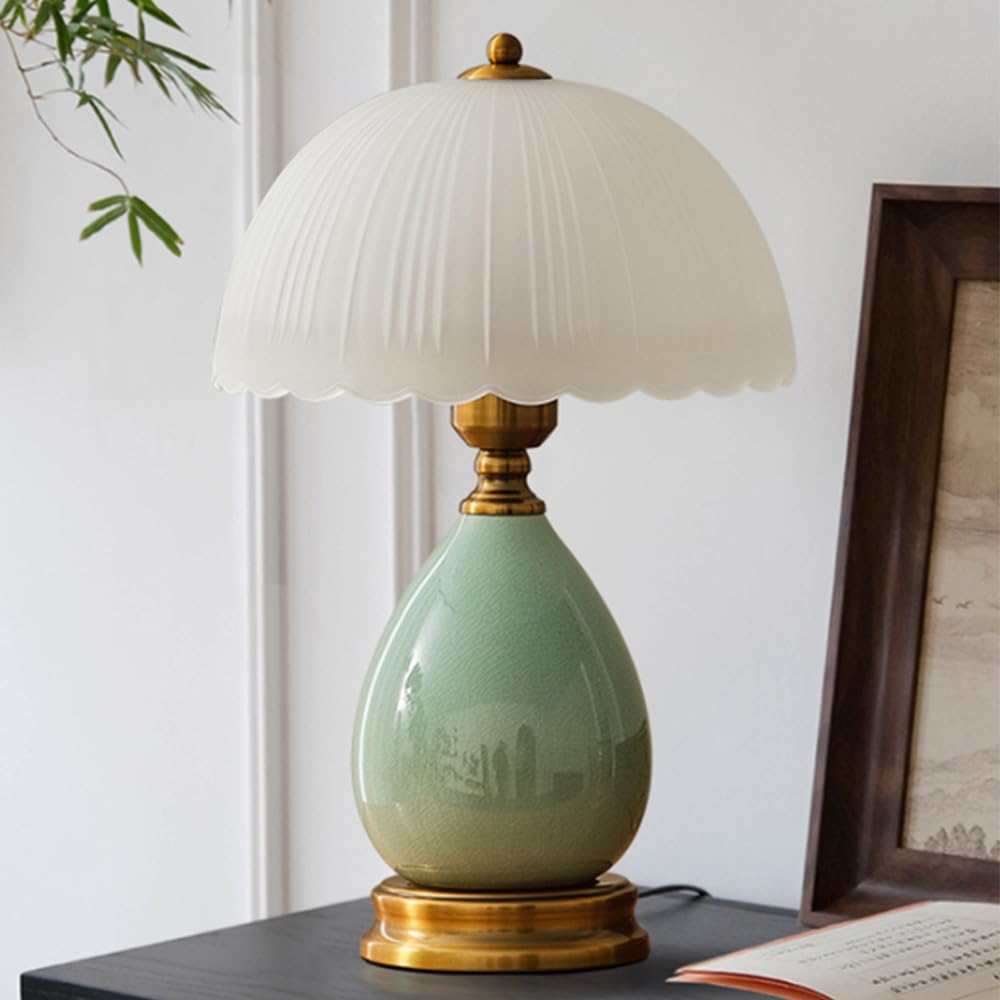 Mengjay Lampada da tavolo salotto lampada Vintage,Luce da Scrivania in vetro,Base in ceramica,E27 Lampada da Notte per camera da letto, studio, comodino, scrivania (Verde)