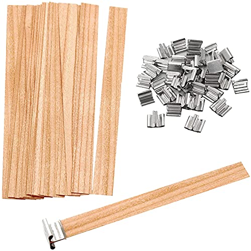 Wooden Candle Wicks, 50 Pieces Natural Candle Wicks with Iron Stand Candle Cores 5.1 X 0.5 Inch Crackling Wood Wicks for Candle Making DIY Crafts