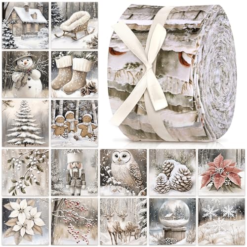 Ganeen 100 Pcs Beige Winter Quilting Fabric Roll Neutral Christmas 2.56 Inch Fabric Strips Jelly Patchwork Reindeer Snowman Nutcracker Precut Square Bundle for Xmas Handmade Material Craft DIY Sewing
