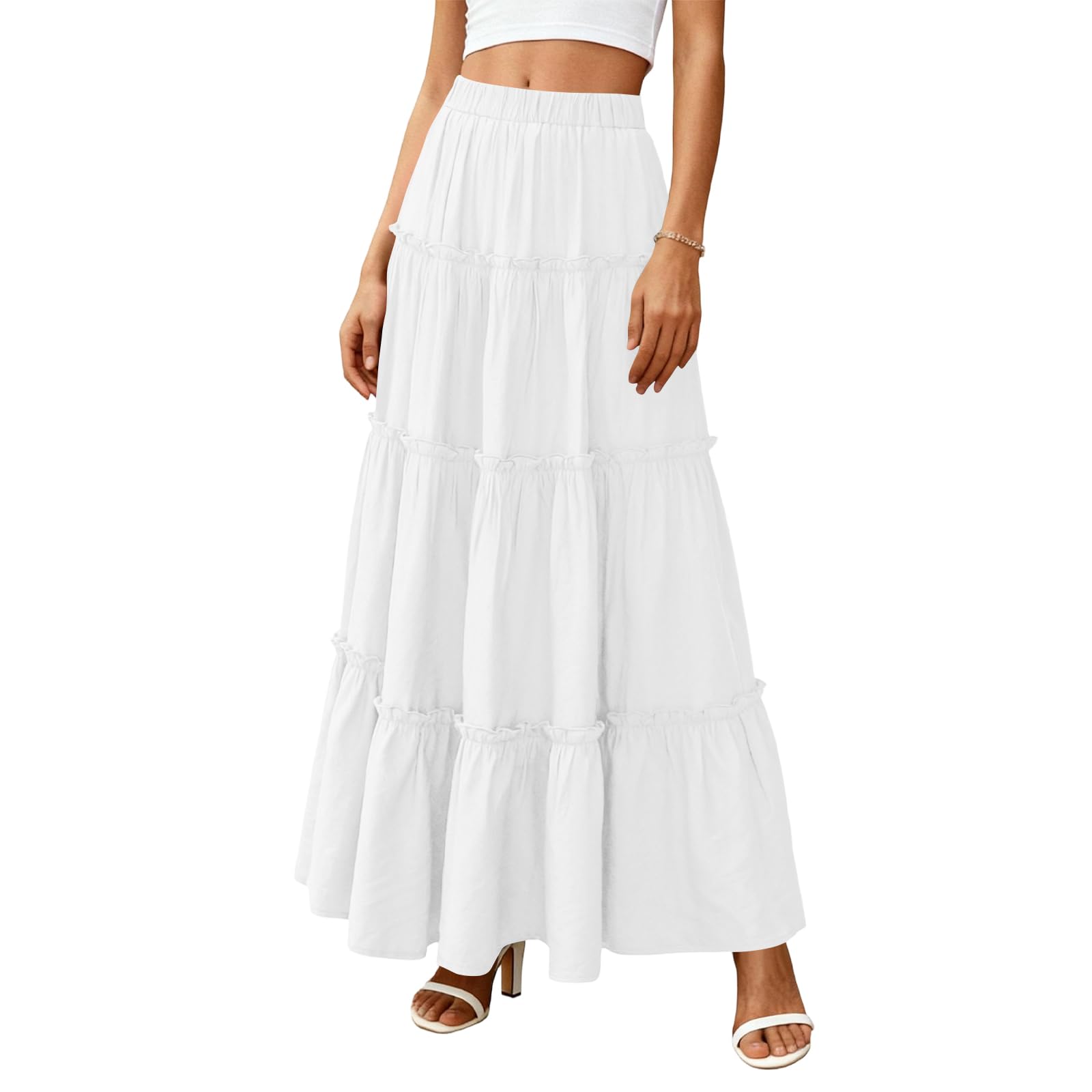 Linen Maxi Skirts for Women Elegant Smock Layered Tiered High Waisted A Line Skirt Flowy Beach Vacation Dress