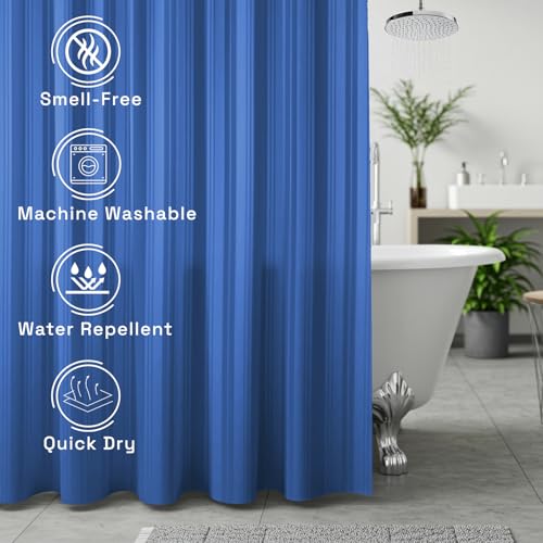 Image of Wakefit Shower Curtain 6 Feet | 14 Free Hooks | No Plastic Smell | Waterproof Bathroom Curtain | Curtain for Balcony | Machine Washable Fabric | Blue Stripes | Height 6ft & Width 6ft | Very Premium