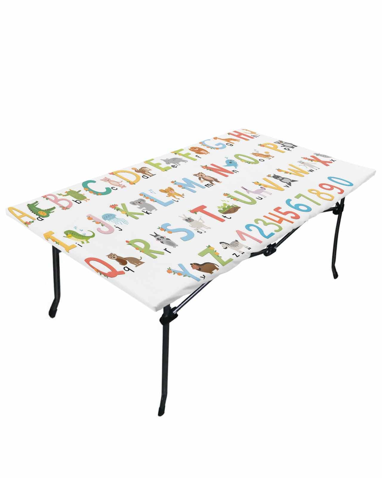 Letter Tablecloth Fitted Table Cover for 3ft Tables - Waterproof Wipeable Elastic Table Cloth for Outdoor Picnic Camping Dining Party, Colorful