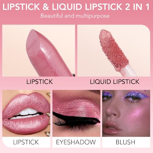 Image of evpct 2 in 1 Light Pink Glitter Metallic Shimmer Diamond Lipstick and Lip Gloss Set for Women Long Lasting Waterproof, Bright Rose Pink Sparkle Glitter Shiny Lipstick and Lip Liner Makeup set, 01#