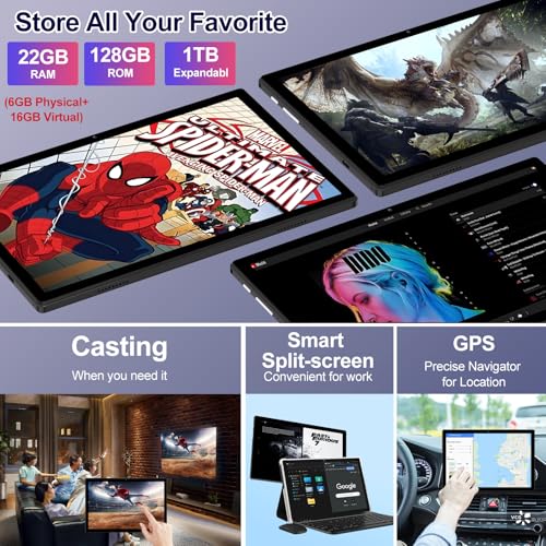 2025 Android 14 Tablet 22GB RAM 128GB ROM 1TB Expand, 10.1 inch 8000mAh Octa-Core Tablet with Keyboard & Mouse, HD IPS Display, 5G Wi-Fi, Bluetooth 5.0, GPS, Widevine L1, Split Screen -Metal Black - Thumbnail 3