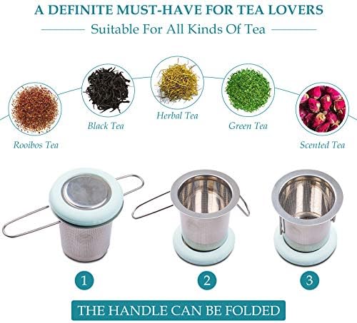 Fenshine Tea Infuser Stainless Steel Tea Strainer Folding Handle Tea Filter Extra Fine Mesh Strainer Brewing Basket with Lid for Loose Leaf Tea (Light Blue)