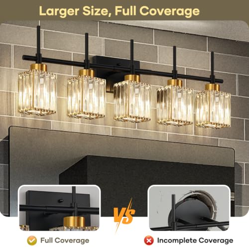 Image of Torondo Modern Crystal Bathroom Vanity Light 5-Lights Gold Bathroom Light Fixtures Over Mirror Black and Gold Vanity Lighting Fixtures Gold Square Shade Brass Wall Sconce (Bulbs Not Include)
