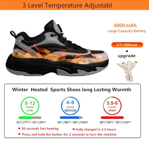 Electric Shoes for Men, Heated Sneakers with 4000Mah Rechargeable Battery, Foot Warmer Shoes 3 Heating Levels, Heating Hiking Shoes for Unisex Outdoor Feet Warm3