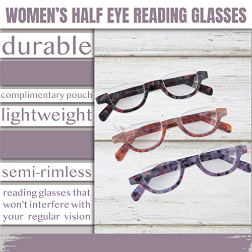 Reading Glasses Women | 3 Pack Fashion Readers Half Moon Frames With Spring Hinge Quality Reading Eye Glasses Multi Color Pattern Variety Pack, Prescription Strength + 2.0 #TOP3