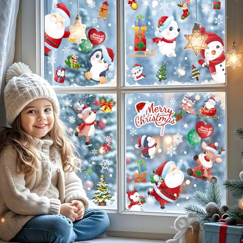 168 Pcs Christmas Window Decorations - Merry Christmas Window Clings for Glass Windows, Santa Claus Snowflake Christma Window Stickers Decals for Indoor Home Xmas Holiday Winter Party Decor, 9 Sheet - image 2