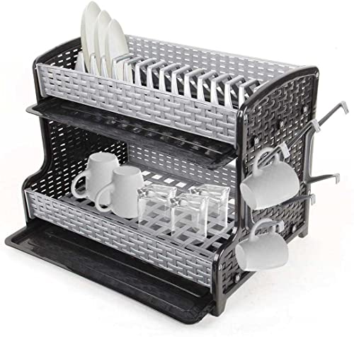 VIOLET Escurridor de Platos, Escurreplatos de Plástico, Escurridor 2 Niveles con Bandejas extraíbles, Textura Ratán (Gris y Negro) (0734) Cover