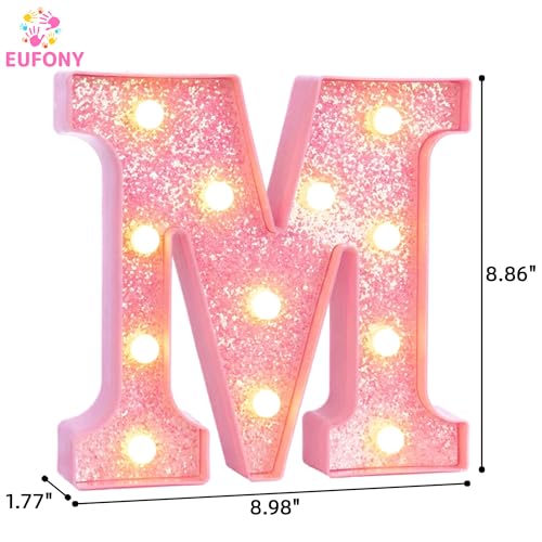 Image of Pink Marquee Light Up Letters, Glitter Alphabet LED Letter Lights for Pink Birthday Party Decorations, Battery Operated Letter Sign for Girls Room Vanity Table Decor, Warm White Lights Letter M