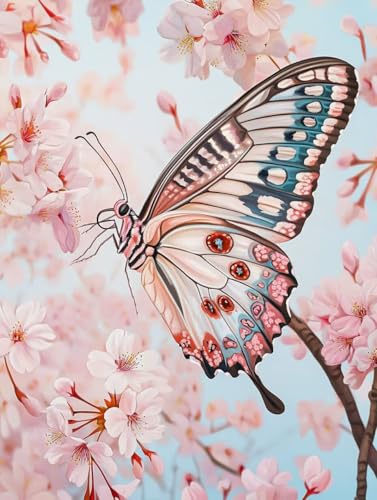 Pintar por Numeros Adultos, flores durazno Mariposa, DIY Painting by Numbers Kits, Pintar por Numeros, Fácil de Hacer, con 3 Pinceles, Pigmento Acrílico, Regalos Originales para Mujer 20x30cm J0-594