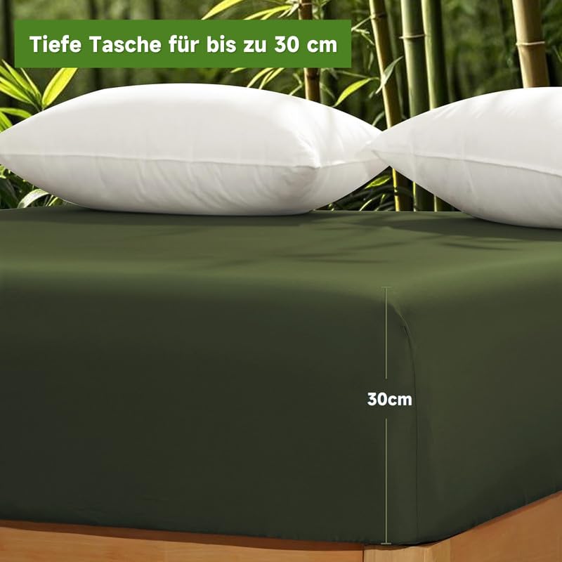 Gezu Baumwollesatin Spannbettlaken 180x200cm Mako Satin Grün Olivgrün | Weich Hypoallergen Thermoregulierend Spannbetttuch Bettlaken 180x200cm Spannbettlaken Baumwolle Sommer für bis 30cm Matraze