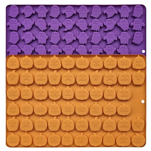 Halloween Silicone Mini Candy Molds, Mini Pumpkin and Ghost Molds, Silicone Treat or Trick Molds for Halloween Candy, Chocolate, Gummy, Cookies, Jelly, Set of 2