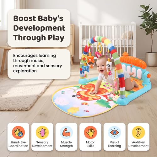 Image of Uonibaby by StarAndDaisy Baby Play Gym Mat with Piano, Kick & Play Activity Gym for Babies, Infants & Toddlers, Hanging Rattle Toys & Fitness Rack