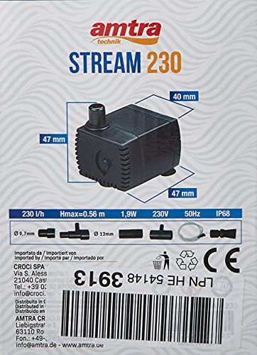 Amtra Stream 230 - Pompa sommergibile per acquario, portata d'acqua regolabile, 230 lt/h - 1,9W - 230v, per Fontanella Gatti, Laghetti e Fontane - Image 7