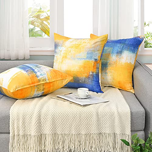 Yastouay Throw Pillow Covers, Yellow Blue Orange Decorative Pillow Cover, Abstract Art Painting Pillow Cases, Modern Accent Cushion Cover For Sofa Couch Bed Chair, Set Of 4, 18 X 18 Inches #TOP3