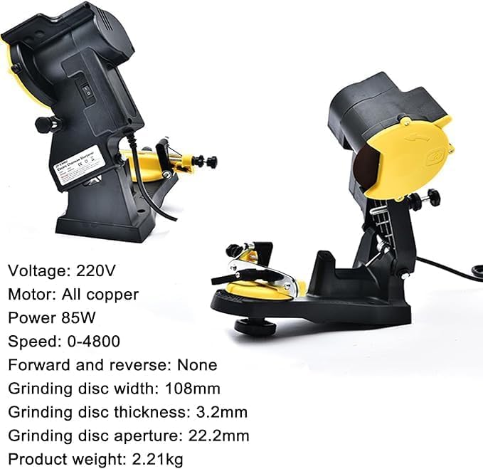 Afilador eléctrico para motosierras, Dispositivo Profesional con 5 Discos de amolar, Amoladora de Banco con ángulo Ajustable de 35° para Cadenas de Motosierra universales.