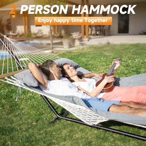 Image of Everyfun 2 Person Hammock with Stand, Heavy Duty Double Cotton Rope Hammock with Removable Quilted Pad & Pillow, 500 LBS Adjustable Steel Frame, Tool-Free, Carry Bag for Outside Patio Yard, Urban-Gray