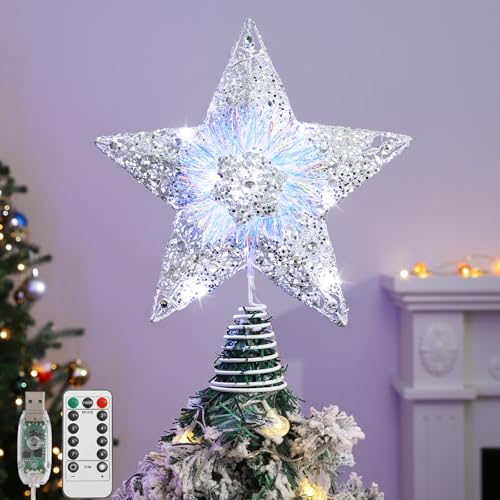 Lewondr Christmas Tree Topper, 3D Glitter Star Tree Topper with 30 LEDs & Remote Control, 8 Lighting Modes, Auto Timer, USB Powered, Christmas Tree Decoration for Home Party, Silver