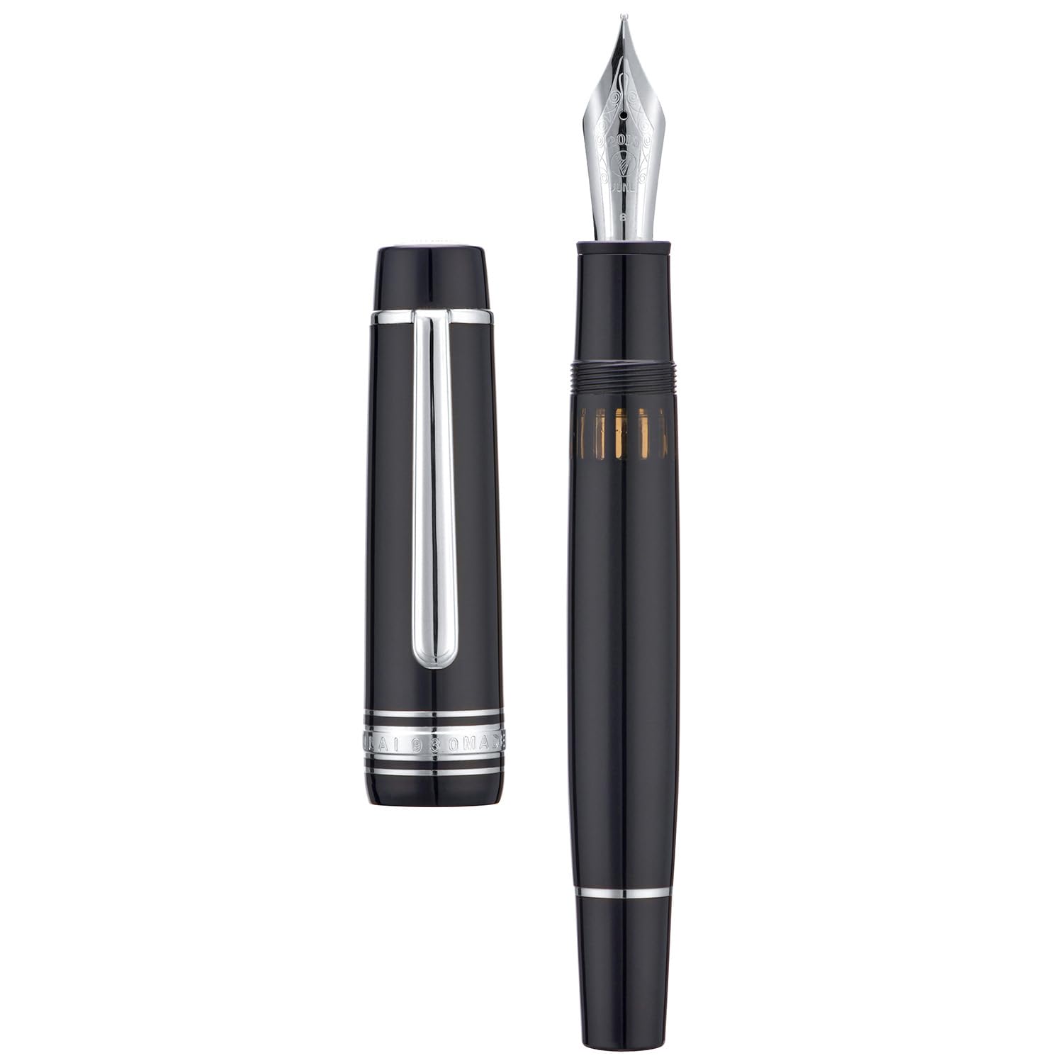 Wikult Yongsheng Junlai 930 Acrylic Fountain Pen, Size 9 Broad Nib with Piston Filling System, Piano Black Fence Ink Tank with Flat Top Design Smooth