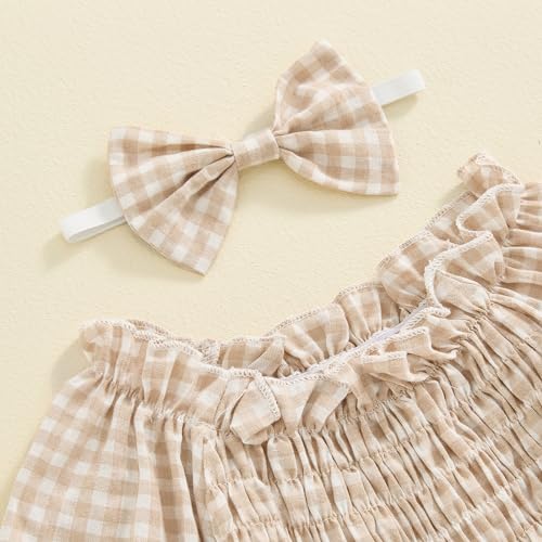 Baby Girls Ribbed Romper Outfits Ruffle Sleeve Bodysuit with Plaid Romper Dress One Piece Bubble Playsuit+Headband4