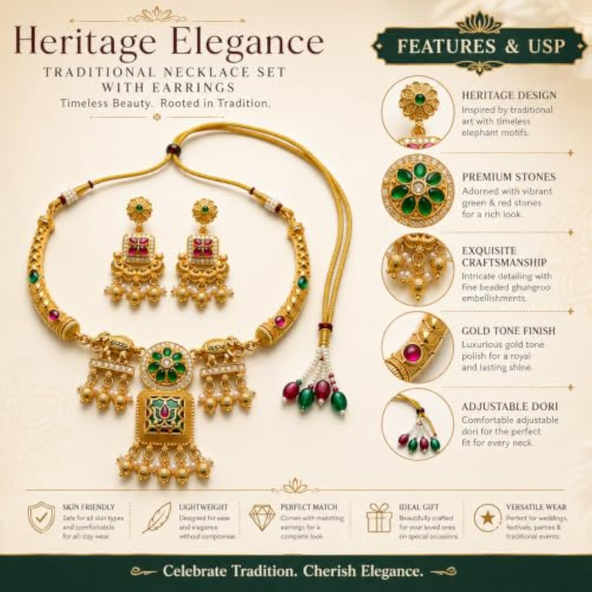 Women's Heerangan Traditional Ethnic Necklace Set with Earrings