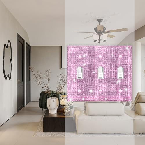 Image of Shiny Pink Rhinestones Wall Plate Cover Triple Toggle Light Switch Cover Durable Double Rhinestones Outlet Covers Wall Plate Decorative