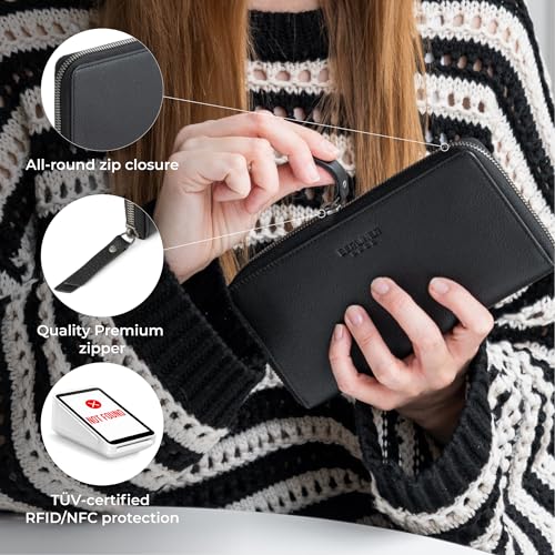 Image of BERLINER BAGS Genuine Leather Zip Wallet Women Margo, Gift Box - Black | Soft Leather Zip Around Wallet, Fit up to Phone 6.9 inch, 12 Card Slots, 1 ID Window, 1 Coin Pocket, RFID Blocking