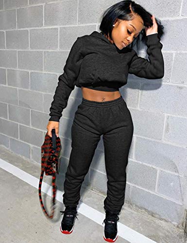 Angsuttc Sweat Suits For Women Set, Tracksuits Outfits Long Sleeve Crop Hoodie And Jogger Pants 2 Piece Set Black M #TOP2