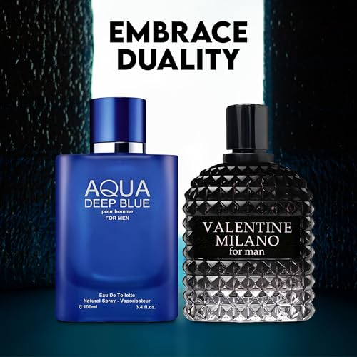 Image of AFLUXE Valentine Milano /Aqua Deep Blue 2PCS Eau De Toilette for Men-Fresh, Romantic Scent Perfume for Men 3.4 Fl Oz Each Mens Cologne For All Skin Daily Used