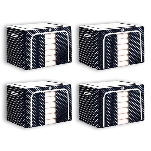 Image of BTAG Pack of 4 Assorted Storage Baskets (49L x 39W x 30H CM) Non-Woven Foldable Wardrobe Organizer with Metal Frame Rectangle, Storage Box with Handles for Clothes, Books, Toys, Blankets & Closet Use.