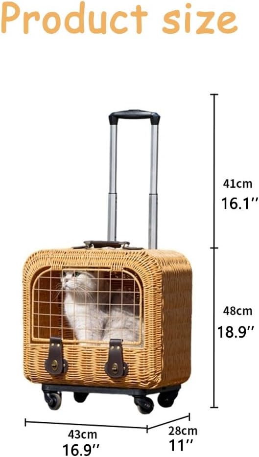 Outdoor Breathable Pet Trolley Case, Portable Rattan Anti Stress Pet Travel Trolley Case, Rolling Pet Carrier Backpack with Leather H andle for Cats Dogs Small Pets