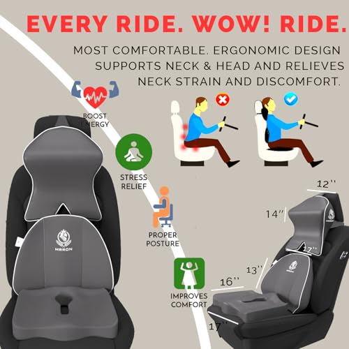 Image of MRRON Memory Foam Posture Corrector Car Seat Cushions Combo | Orthopedic Backrest, Coccyx Cushion & Neckrest | Ergonomic Lumbar Comfort Seat Cushion | Reduces Sciatica (Grey, Spine Support)