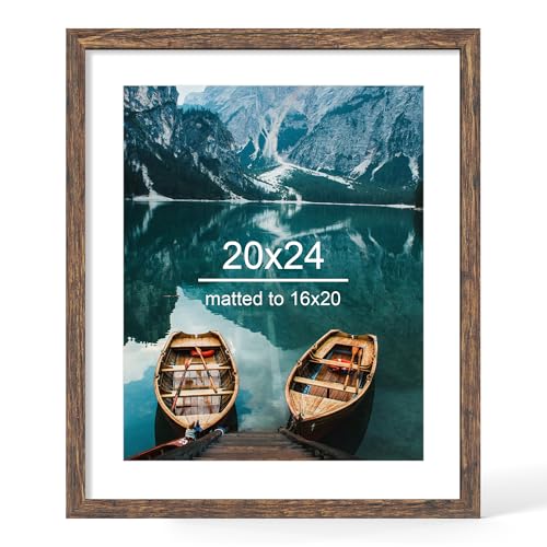Hongkee 20x24 Frame Rustic Brown Wood Style - Display Posters 16 x 20 with Mat or 20x24 without Mat Wall Mounting Horizontal and Vertical 1 Pack