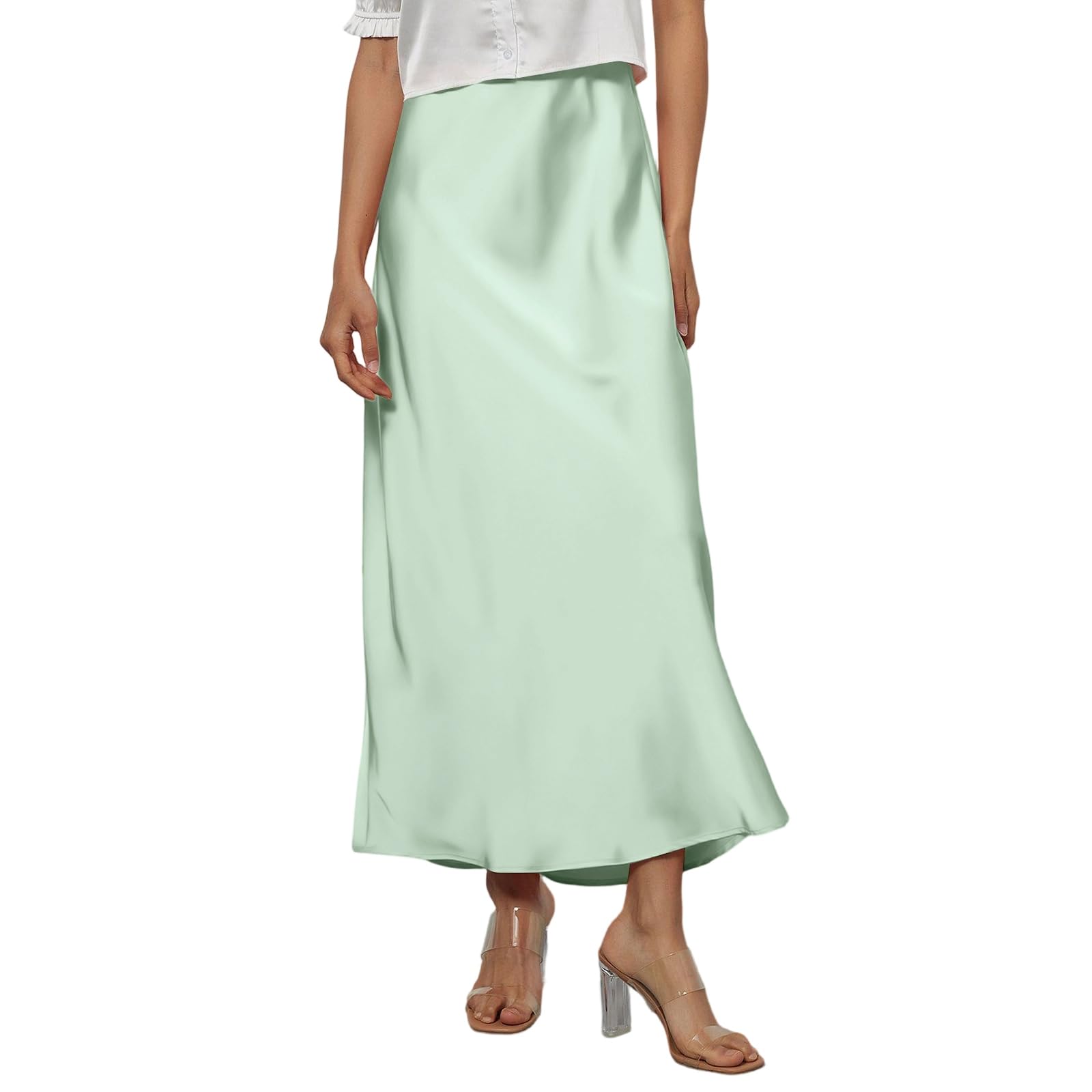 2026 Womens Spring Summer Long Satin Skirt Silk Elegant High Waisted Cocktail Party Wedding Flowy A Line Maxi