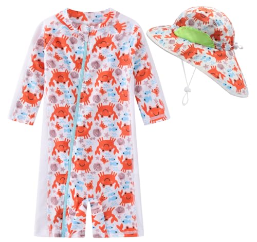 Image of Toddler Baby Boys Swimsuit Rashguard One Piece Zipper Bathing Suit with Sun Hat Infant Swimwear Sunsuit UPF 50+