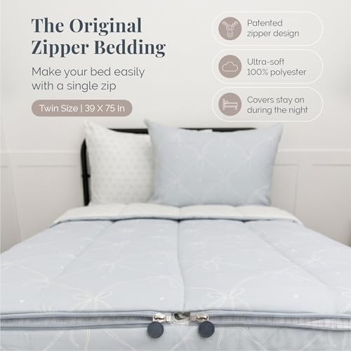 Image of Beddy's Ribbon & Bow Theme Durable Zipper Bedding for Kids - Bed in a Bag - White Striped Sheets with Baby Blue Comforter - Includes Pillowcase & Sham - Twin