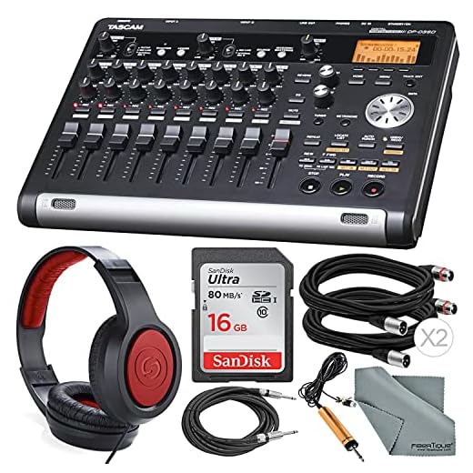 Tascam DP-03SD Digital Portastudio 8-Track Recorder with Samson Studio Headphones and Accessory Bundle