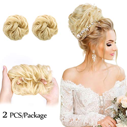 2PCS Messy Bun Hair Piece 100% Human Hair Scrunchies Buns Hair Pieces for Women Curly Wavy Blonde Bun Elegant Chignons Wedding(Color:613#)