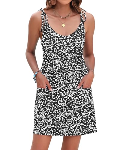 Image of AUSELILY Womens Summer Dresses Sleeveless Spaghetti Strap Beach Cover up Drawstring Waist Mini Short Dress with Pockets