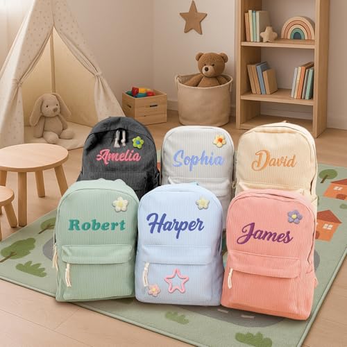 Custom Embroidered Name Backpack for Boys Girls Personalized Daycare Preschool Back to School Bag Customized Kindergarten School Bag Corduroy Kids Birthday Gifts Bookbag with Name3
