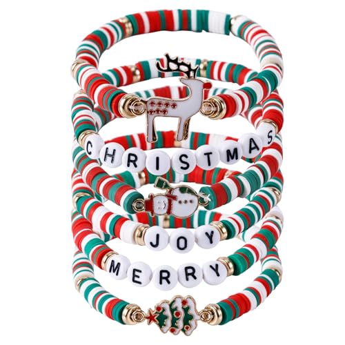 6pcs Christmas Clay Beaded Bracelets, Stackable Xmas Stretch Friendship Bracelets Festive Bracelets Reindeer Snowmen Christmas Jewelry Christmas for Women Costume Party Favors
