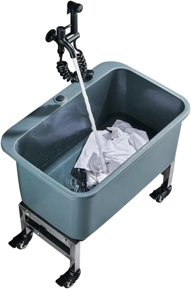Mop Pool Slop Sinks,Floor Mop Sink with Roller, Free Standing Wash Station with Water Tap Movable Commercial Mop Service Basin for Kitchen/Restaurant/Business/Garages (Color : Gray-A, Size :